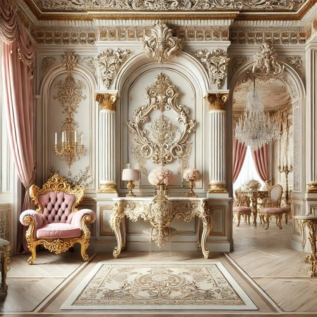 nội thất Rococo: hoa văn vỏ sò, cong mềm mại, pastel