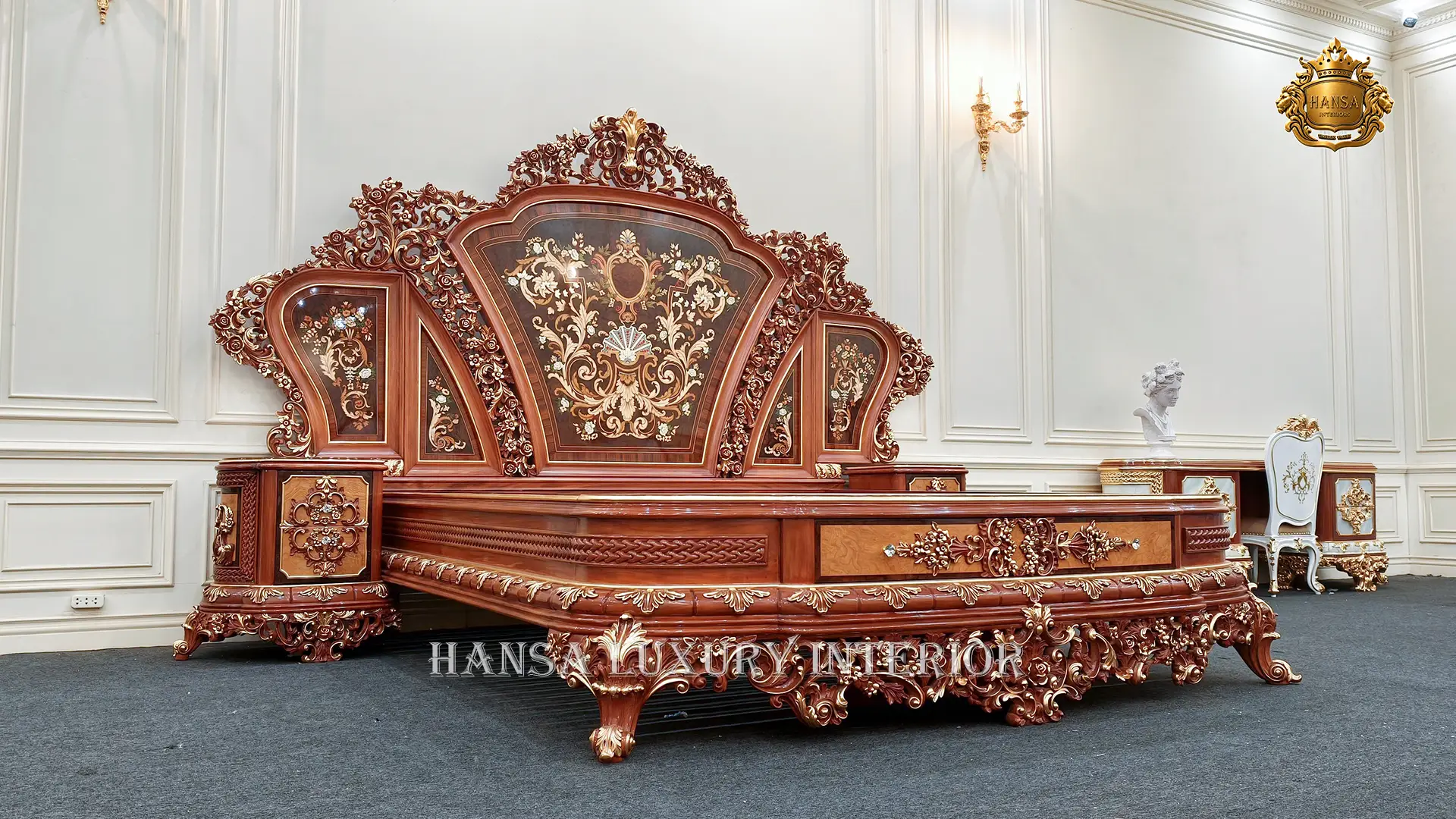 Giường ngủ cổ điển Gõ đỏ khảm trai, veneer nghệ thuật